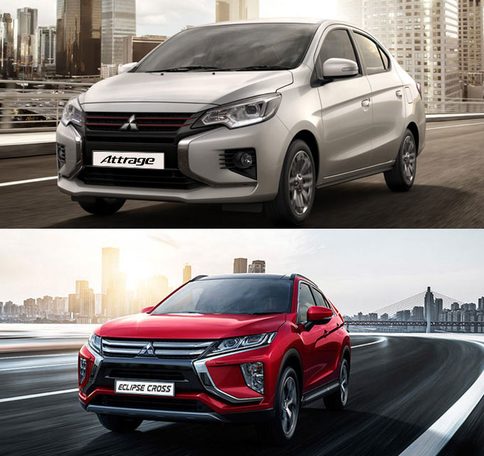 Sliver Mitsubishi Attrage and Red Mitsubishi Eclipse Cross Vehicles 